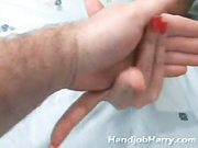 Curvy blonde wraps long red fingernails around short dick