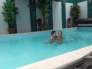 Young cuckold let stranger nail slutty girlfriend by pool