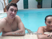 Young cuckold let stranger nail slutty girlfriend by pool