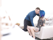 Blue-haired babe enjoys dick on floor