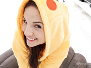 Brunette in Pikachu outfit teases a busy man