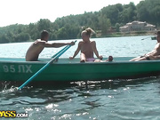 Blonde fucked hard in a boat on the lake three guys