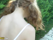Redhead hottie gets boned in the ass in public sex video