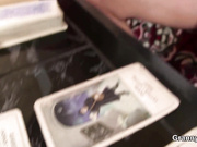 Blonde skinny granny rides him