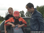 Granny and boys teen outdoor threesome