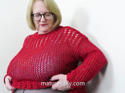 Granny in red jumper and pantyhose