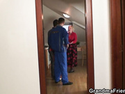 Very old blonde granny pleases two workers