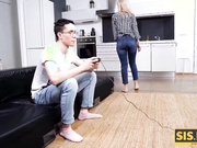 Instead of playing game nerd makes love with hot stepsister