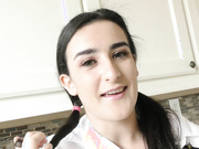 The stepdaughter is asking her dad to stroke his cock,