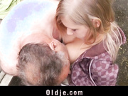 Blonde teen is getting fucked by old fat guy