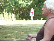 A foreign student showed grandpa her riding and sucking