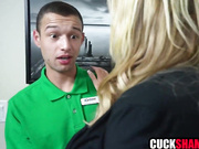 Horny wife fucks bellboy while cuckold husband watches